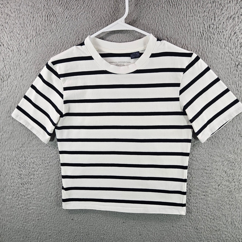 French Connection‎ Womens Striped Short Sleeve T-Shirt White Black Medium